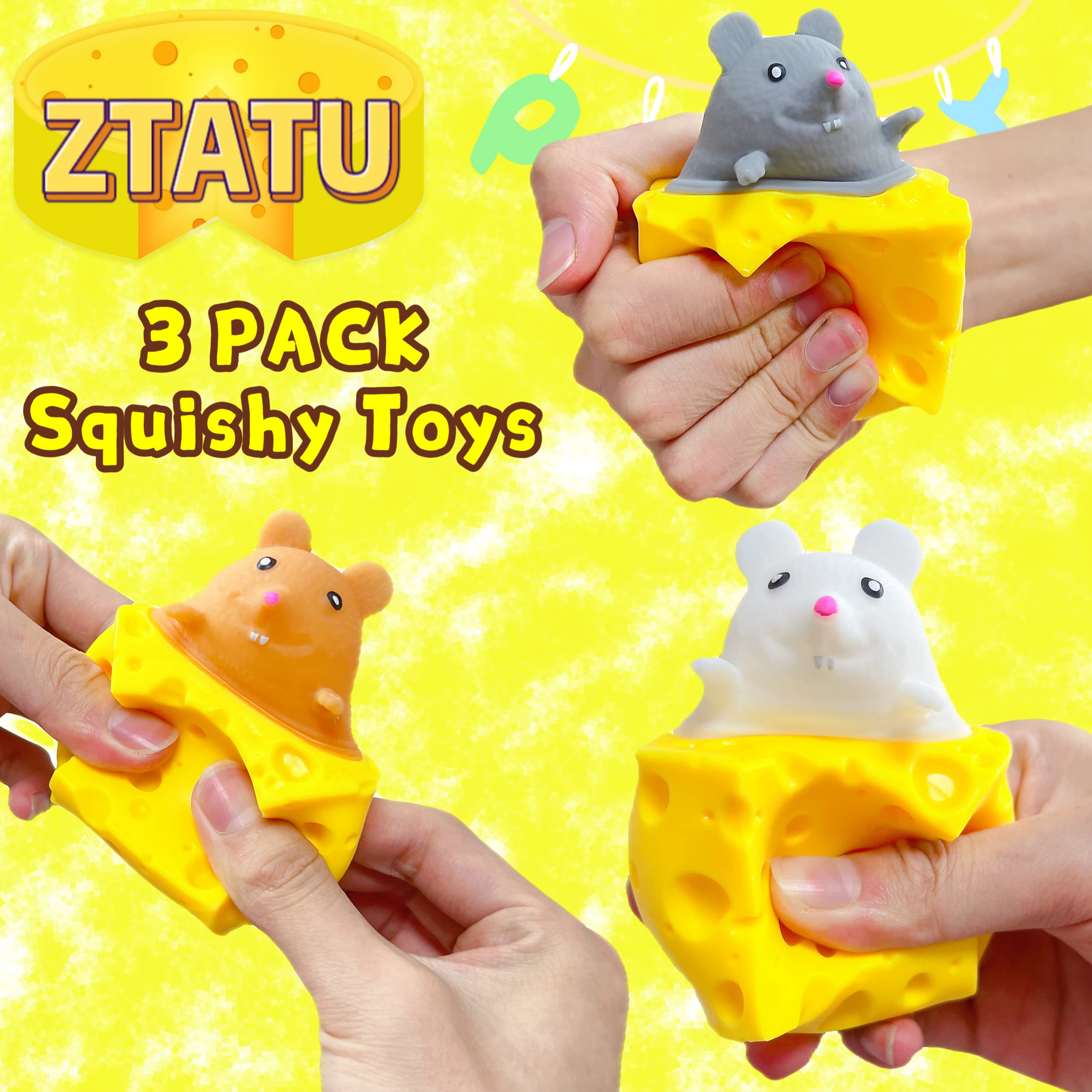 ZTATU Cheese Stress Balls 3-Pack – Squishy Fidget Toys for Anxiety Relief (White, Gray, Brown)