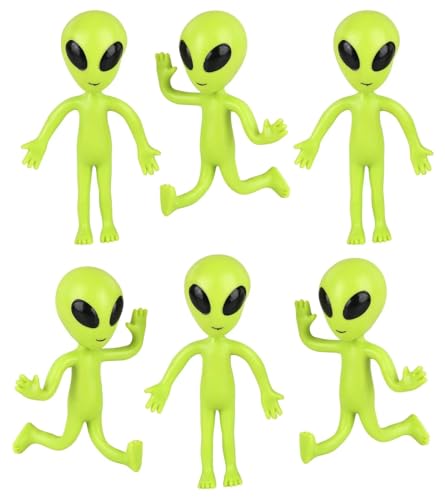 Zugar Land Bendable Rubber Neon Green Aliens - 6 Pack of 4-Inch Sensory Fidget Toys for Stress Relief and Party Favors