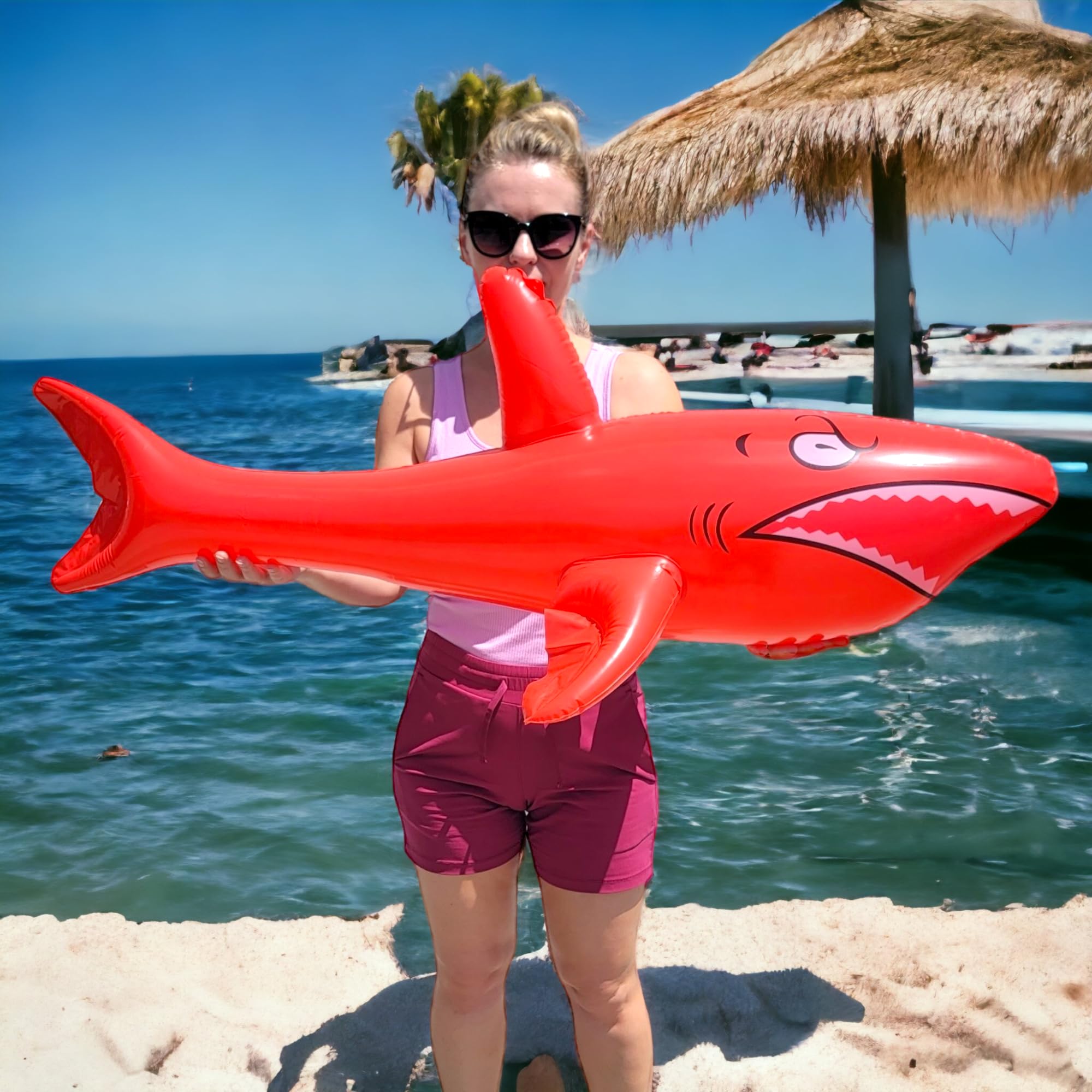 Zugar Land Jumbo 42" Inflatable Shark - 3-Pack (Red, Blue, White) Giant Pool Float Toy