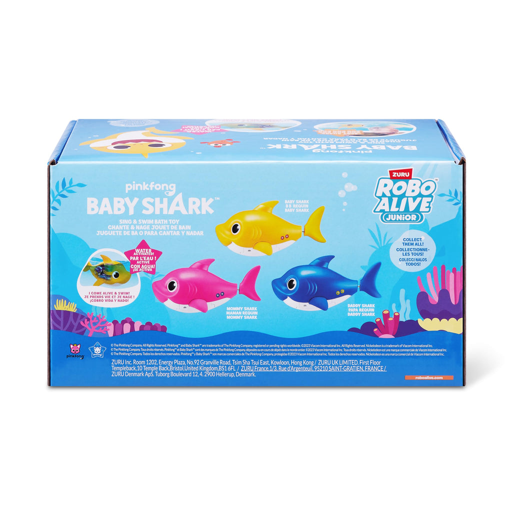 ZURU Robo Alive Junior Daddy Shark Bath Toy – Singing and Swimming with New Silicon Fins (Blue)