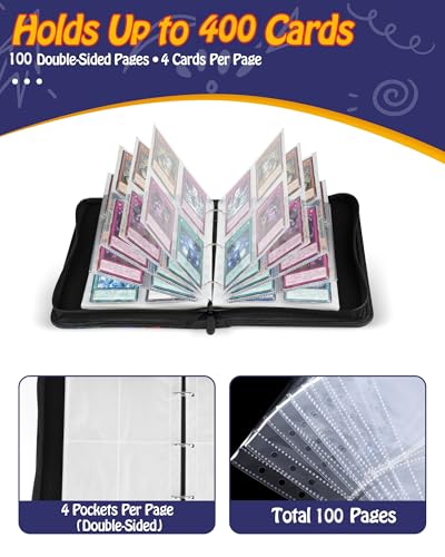 ZVXROEV Baseball Card Binder - 4-Pocket Side-Loading Album Holds 400 Cards, PU Leather Zip Cover, Acid-Free Pages for Safe Storage & Shows, Baseball Design