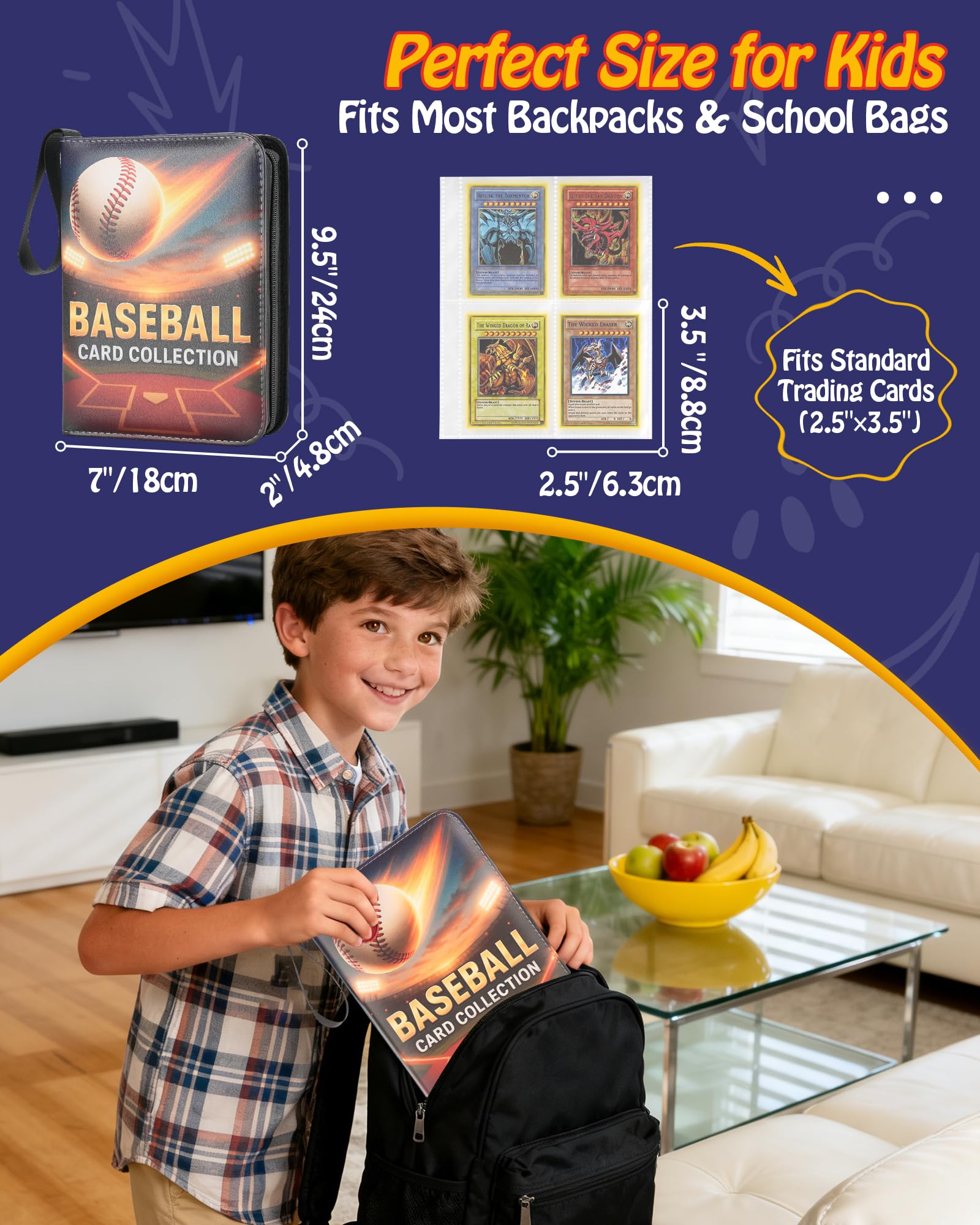 ZVXROEV Baseball Card Binder - 4-Pocket Side-Loading Album Holds 400 Cards, PU Leather Zip Cover, Acid-Free Pages for Safe Storage & Shows, Baseball Design