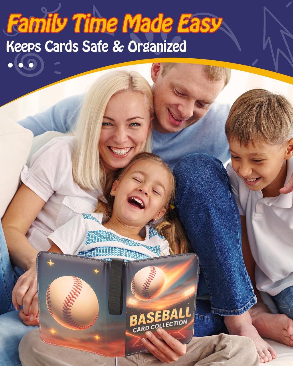 ZVXROEV Baseball Card Binder - 4-Pocket Side-Loading Album Holds 400 Cards, PU Leather Zip Cover, Acid-Free Pages for Safe Storage & Shows, Baseball Design