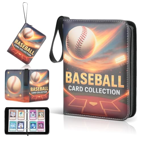 ZVXROEV Baseball Card Binder - 4-Pocket Side-Loading Album Holds 400 Cards, PU Leather Zip Cover, Acid-Free Pages for Safe Storage & Shows, Baseball Design