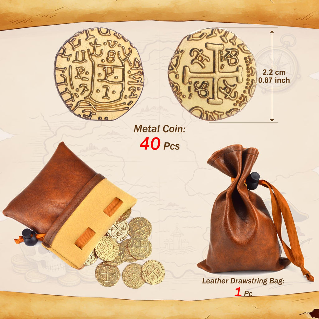ZWGParty 40-Piece Gold Pirate Coin Set – Metal Doubloons with Leather Pouch for Board Games, Parties, and Treasure Hunts