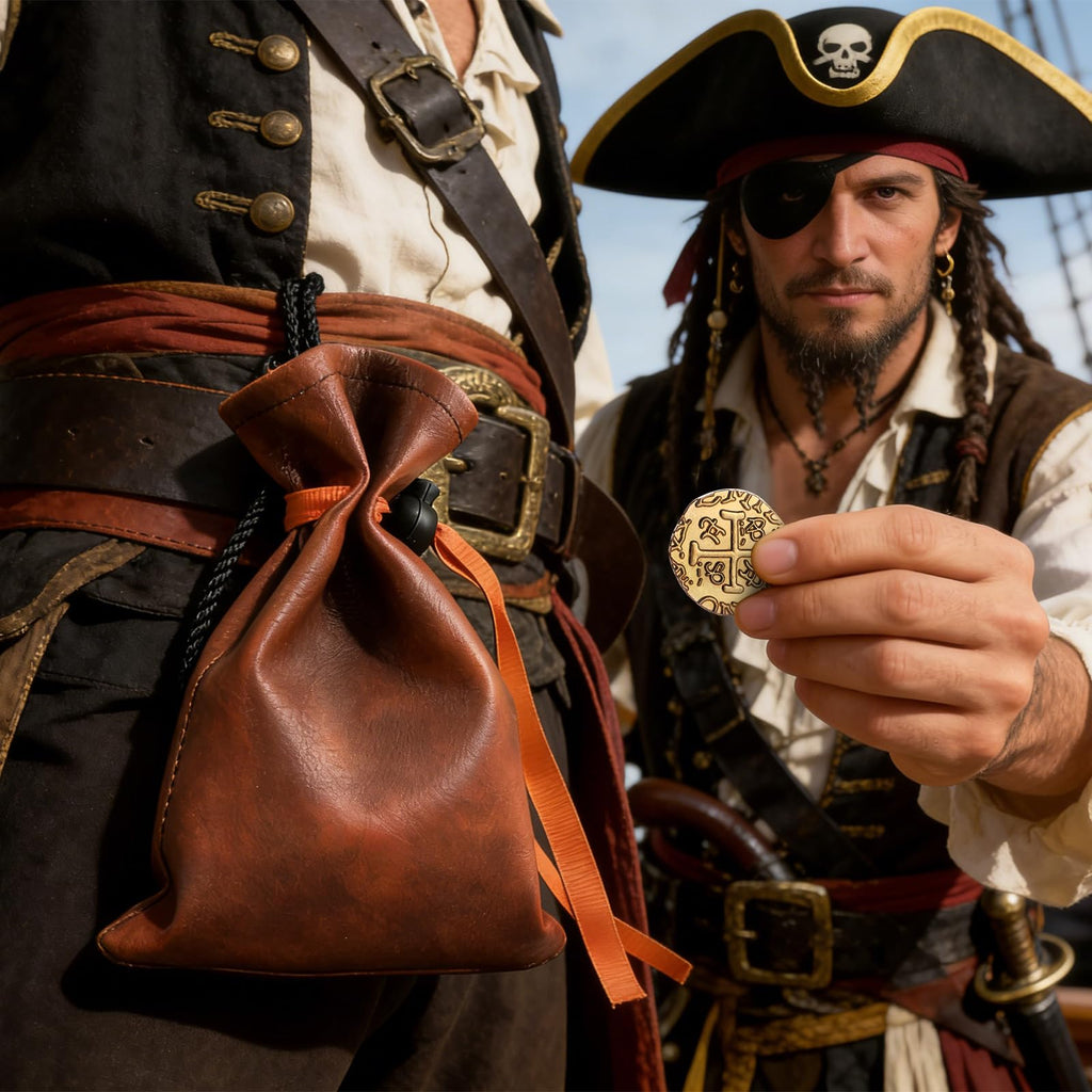ZWGParty 40-Piece Gold Pirate Coin Set – Metal Doubloons with Leather Pouch for Board Games, Parties, and Treasure Hunts