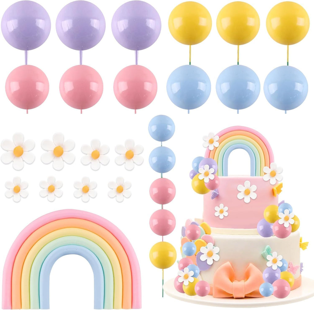 ZWLIYCHN Rainbow Cake Topper Set - 26 Pcs Pastel Balls & Daisy Flowers for Bohemian Parties