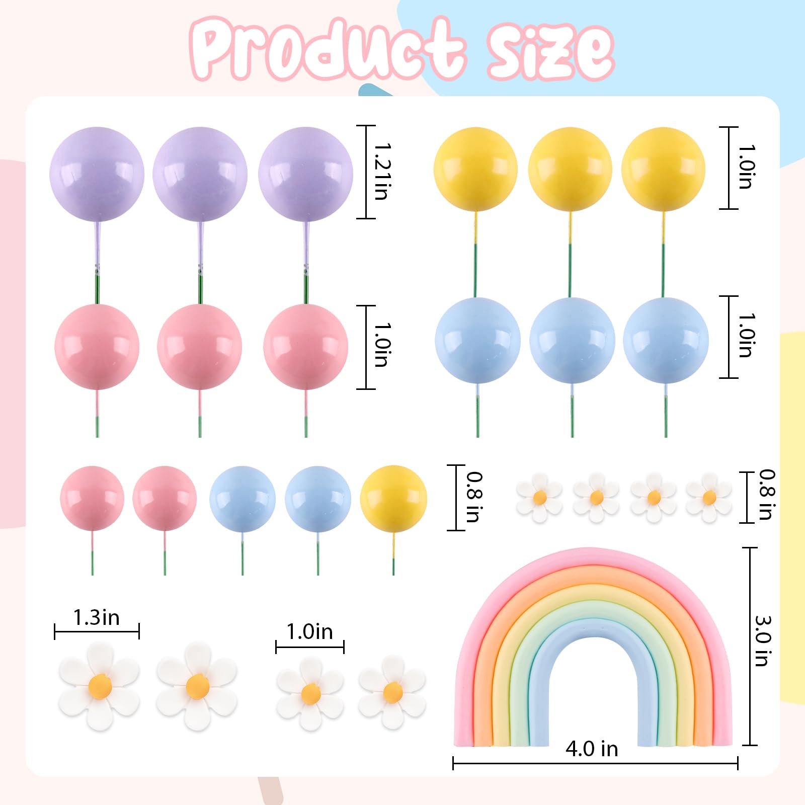 ZWLIYCHN Rainbow Cake Topper Set - 26 Pcs Pastel Balls & Daisy Flowers for Bohemian Parties