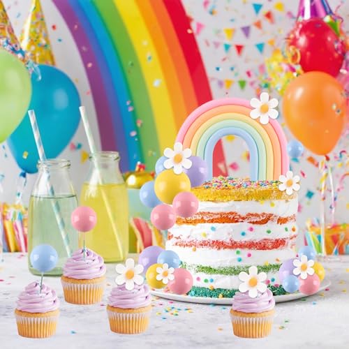 ZWLIYCHN Rainbow Cake Topper Set - 26 Pcs Pastel Balls & Daisy Flowers for Bohemian Parties
