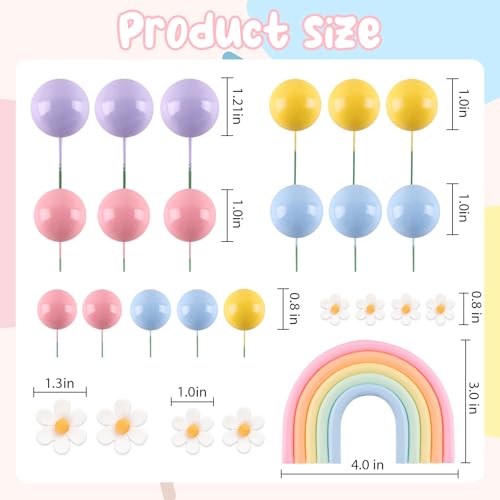 ZWLIYCHN Rainbow Cake Topper Set - 26 Pcs Pastel Balls & Daisy Flowers for Bohemian Parties