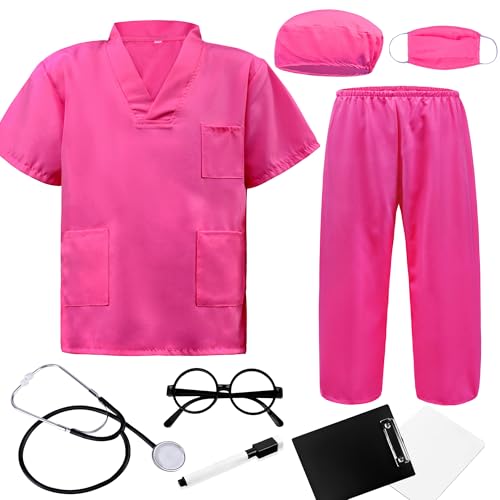 ZZIHAN 9-Piece Kids Doctor Costume – Pink Scrubs Set with Real Stethoscope for Ages 3-12