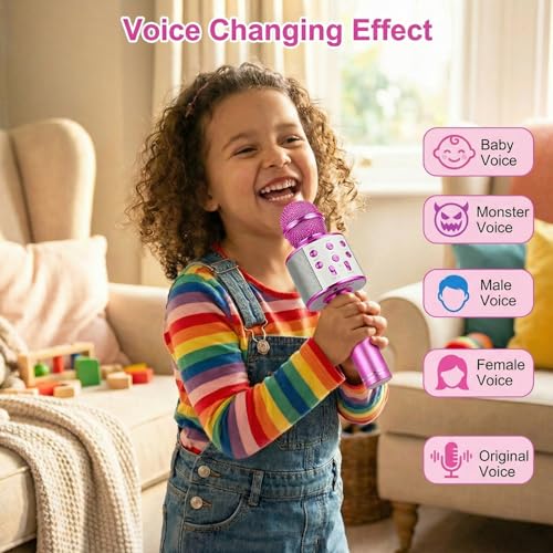 ZZLWAN Purple Kids Karaoke Microphone for Girls Ages 3-8 - 4-in-1 Bluetooth Speaker, Recorder, Radio, 5 Voice Modes, Durable Aluminum Alloy, UL Certified Battery
